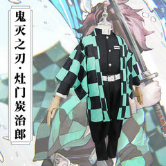 Tanjiro Kamado Demon Slayer Komplett-Set Cosplay Kostuem Damen Schwarz Grün