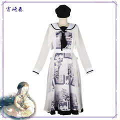 Yoiaki Kanade Project Sekai Print-Kleid Cosplay Kostuem Damen Weiß Blau