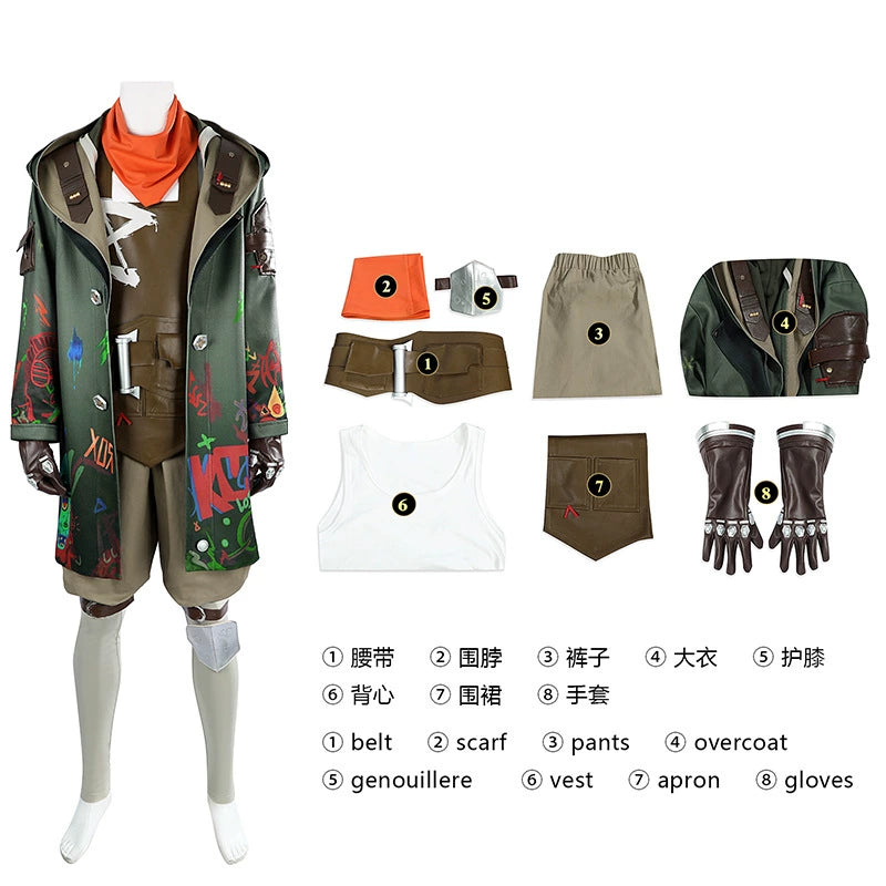 Ekko League of Legends Hoodie-Outfit Cosplay Kostuem Damen Gruen Braun