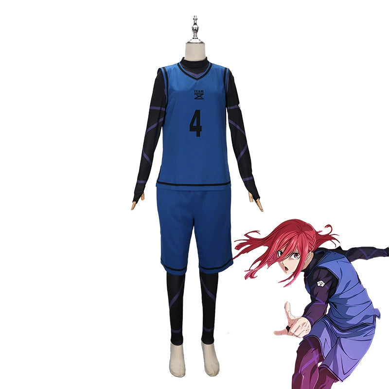 Yoichi Isagi Blue Lock Trikot-Set Cosplay Kostuem Damen Blau Rot