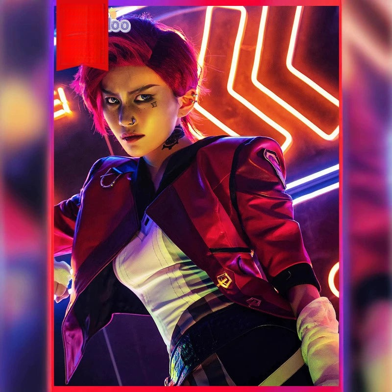 Vi League of Legends Jacke mit Hosen Cosplay Kostuem Damen Rot