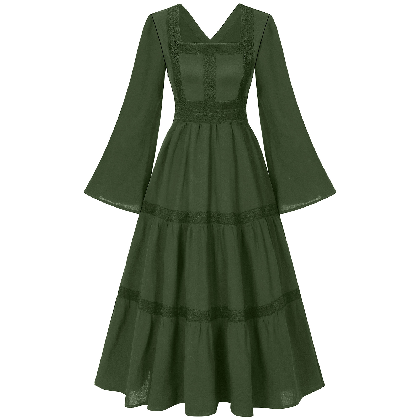 Glockenärmel-Spitzenkleid – Square-Neck Ballkleid für Renaissance, DAMEN