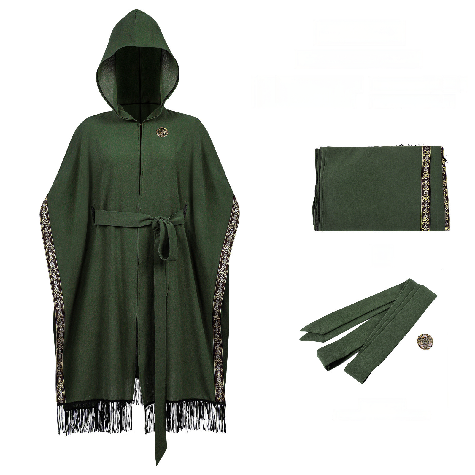 Kapuzen-Cape mit Schal & Brosche – Renaissance Umhang mit Fransen