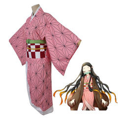 Nezuko Kamado Demon Slayer Kimono-Set Cosplay Kostuem Damen Weiß Rosa