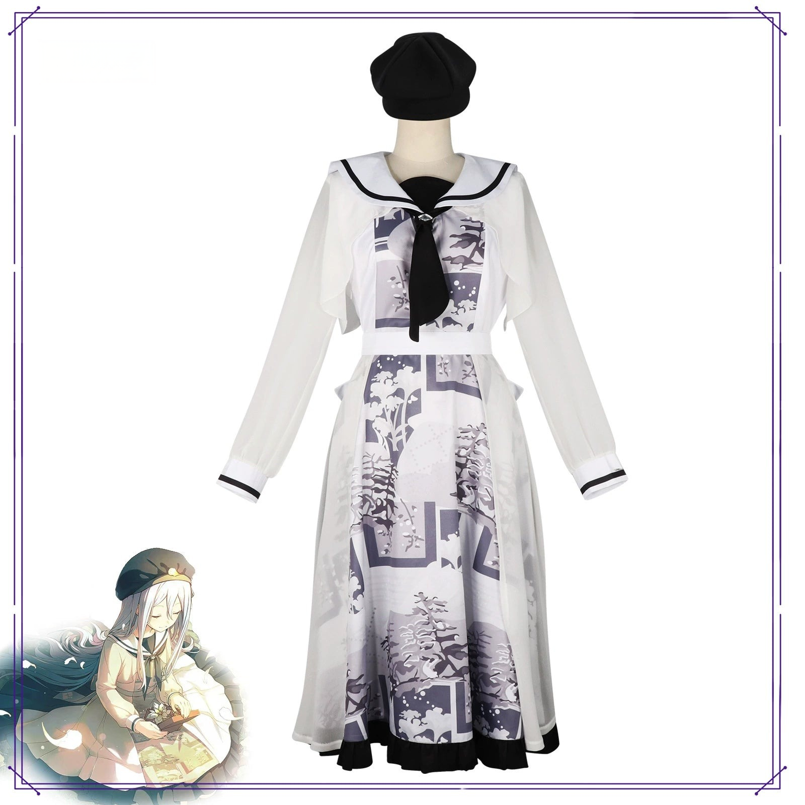 Yoiaki Kanade Project Sekai Print-Kleid Cosplay Kostuem Damen Weiß Blau