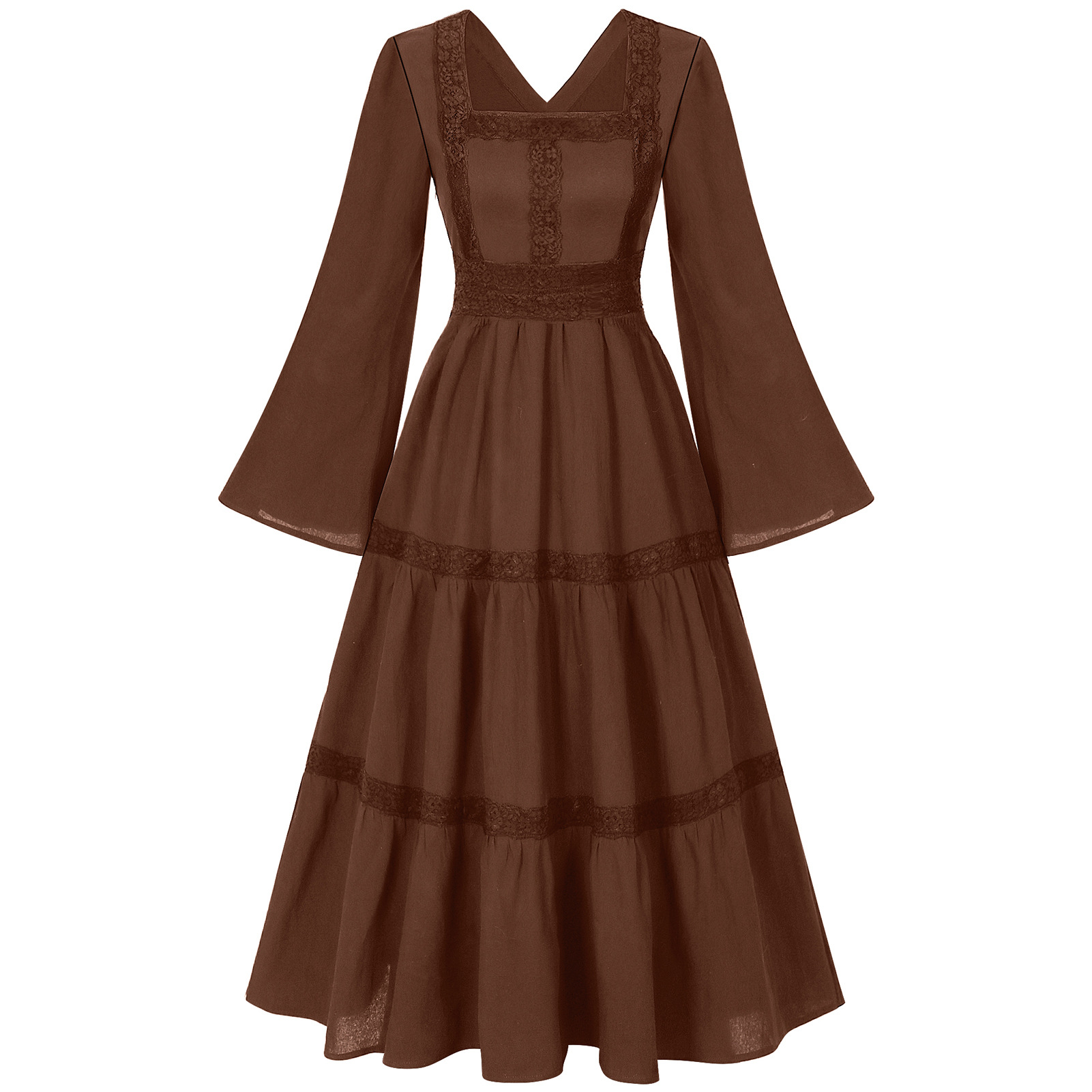 Glockenärmel-Spitzenkleid – Square-Neck Ballkleid für Renaissance, DAMEN