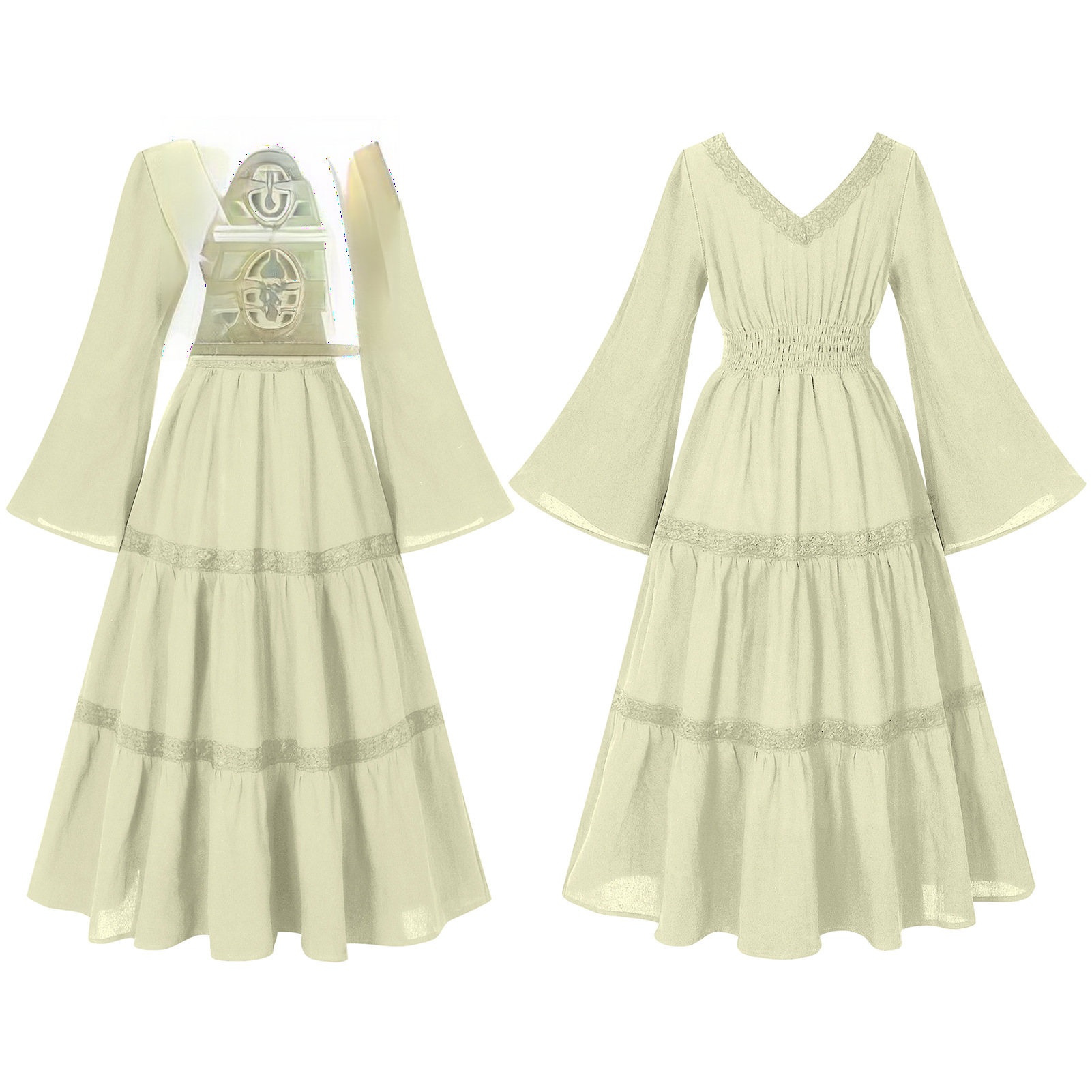 Glockenärmel-Spitzenkleid – Square-Neck Ballkleid für Renaissance, DAMEN