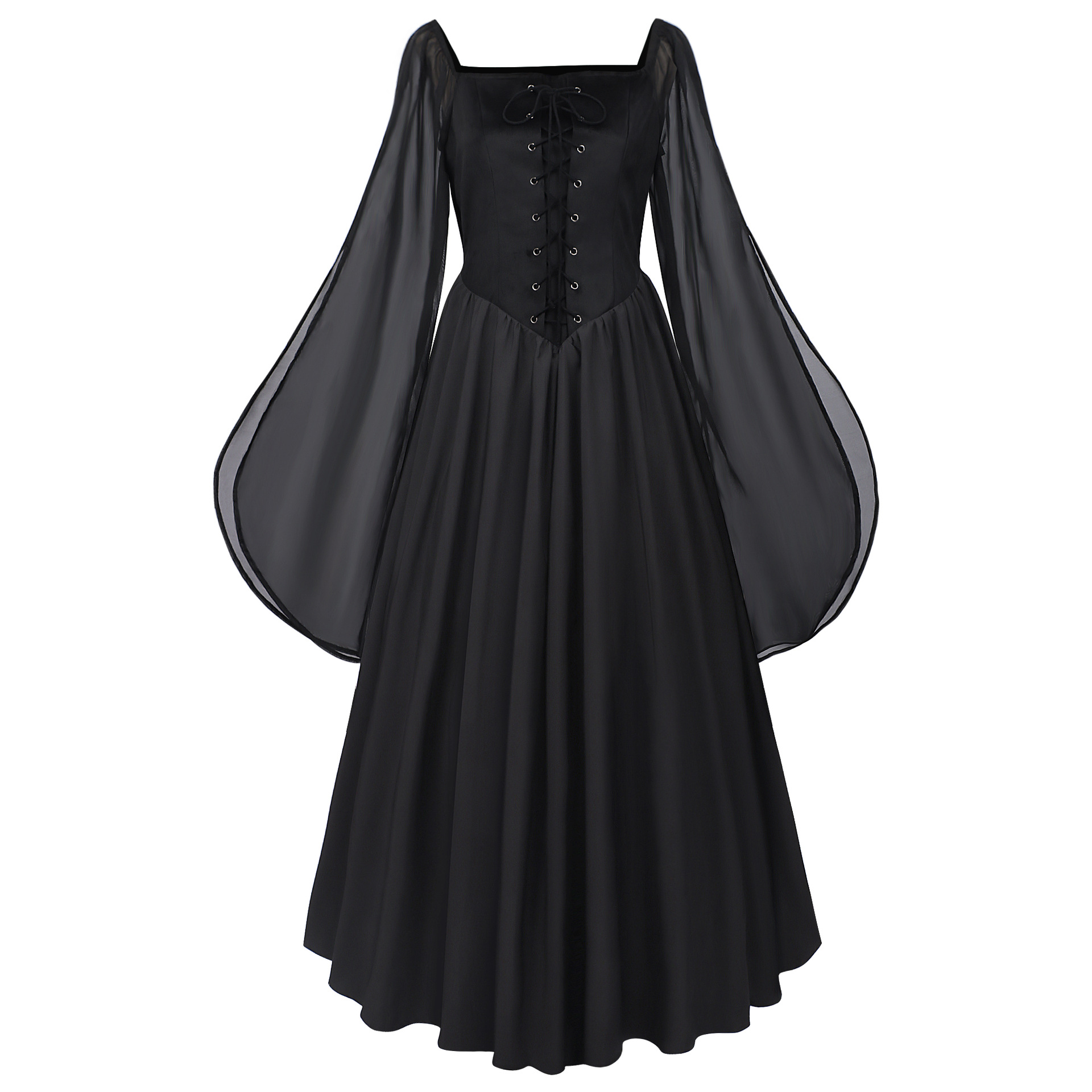 Feenkleid mit Glockenärmeln – mittelalterliches Karree-Kleid für Fest & Bühne, DAMEN