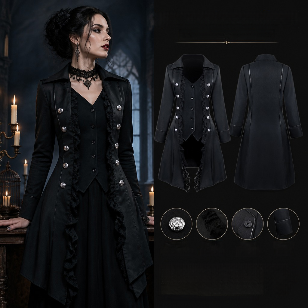 Spitzen-Frackjacke – Gothic Damenmantel mit Rüschen für Halloween