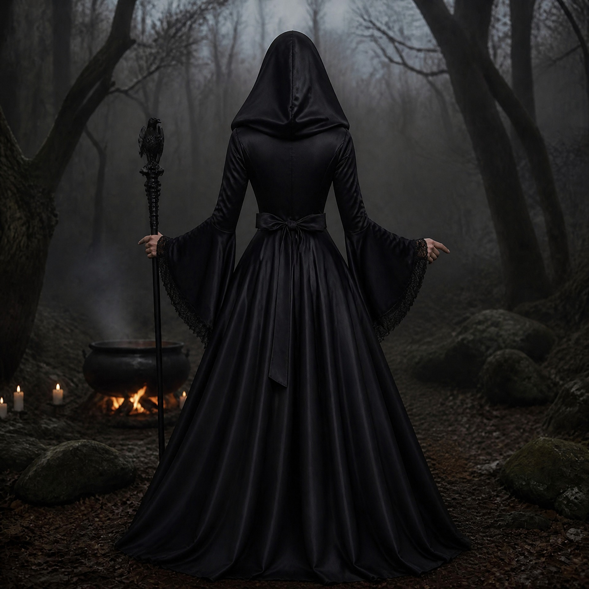 Gothic-Hexenkleid – Kapuzenlangrobe Halloween, DAMEN