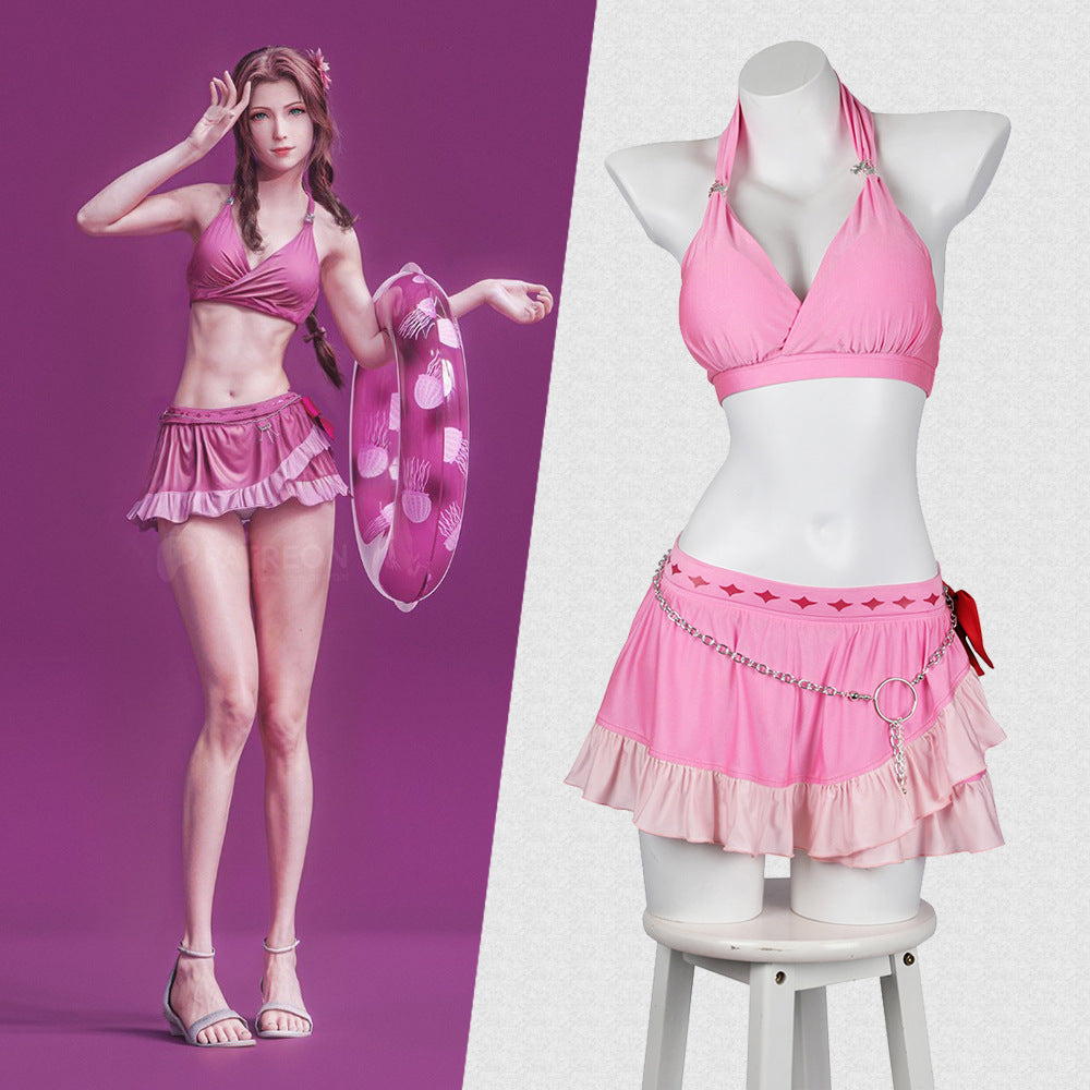Game FF7 Final Fantasy 7: Rebirth Aerith Gainsborough Cosplay Costume Pink Swimsuit Female