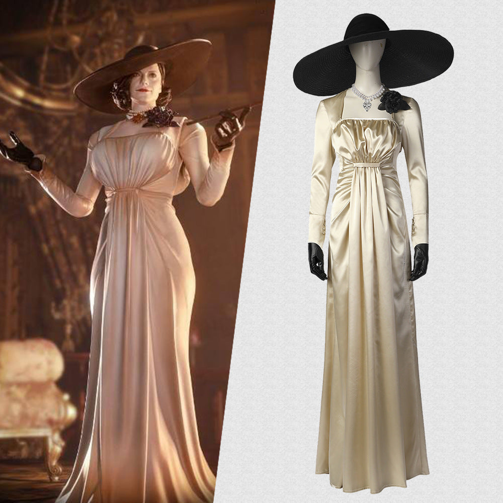 Resident Evil 8 Alcina Dimitrescu Cosplay Dress Hat Necklace Full Set