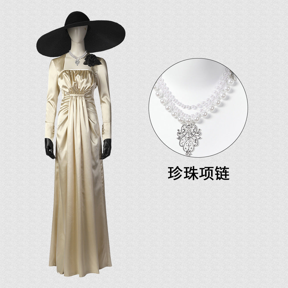 Resident Evil 8 Alcina Dimitrescu Cosplay Dress Hat Necklace Full Set