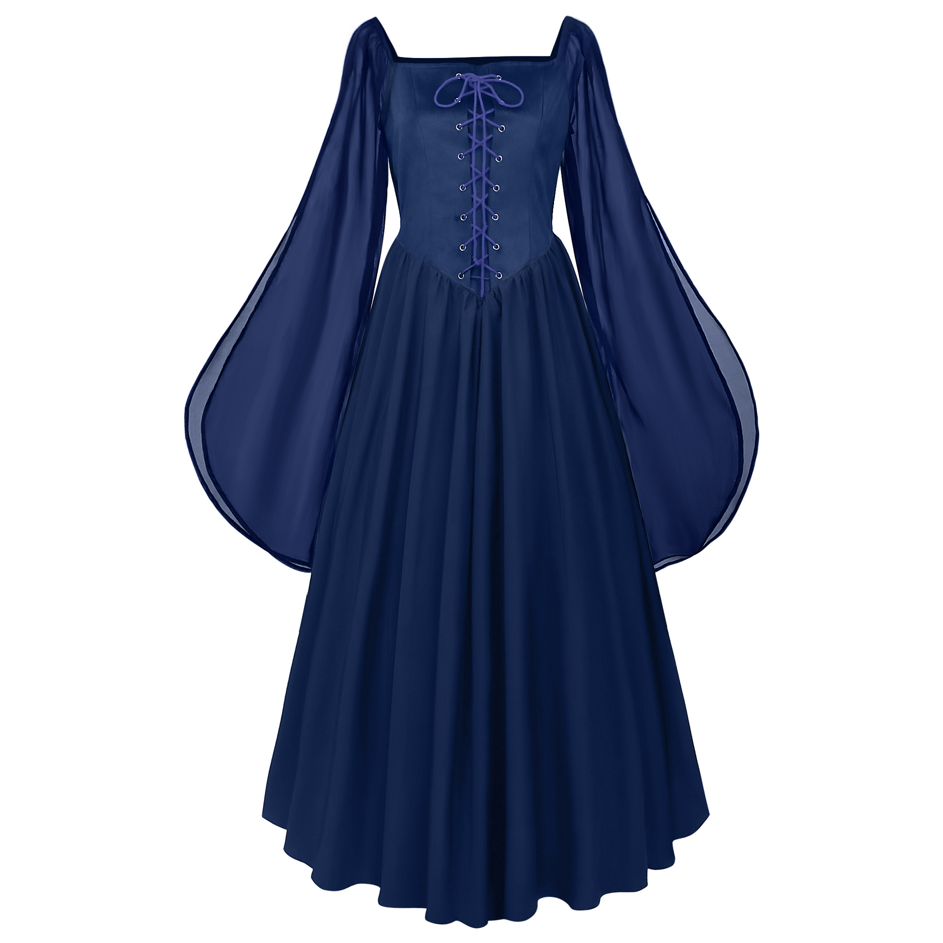 Feenkleid mit Glockenärmeln – mittelalterliches Karree-Kleid für Fest & Bühne, DAMEN