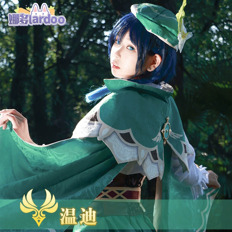 Venti Genshin Impact Bard-Outfit Cosplay Kostuem Damen Grün