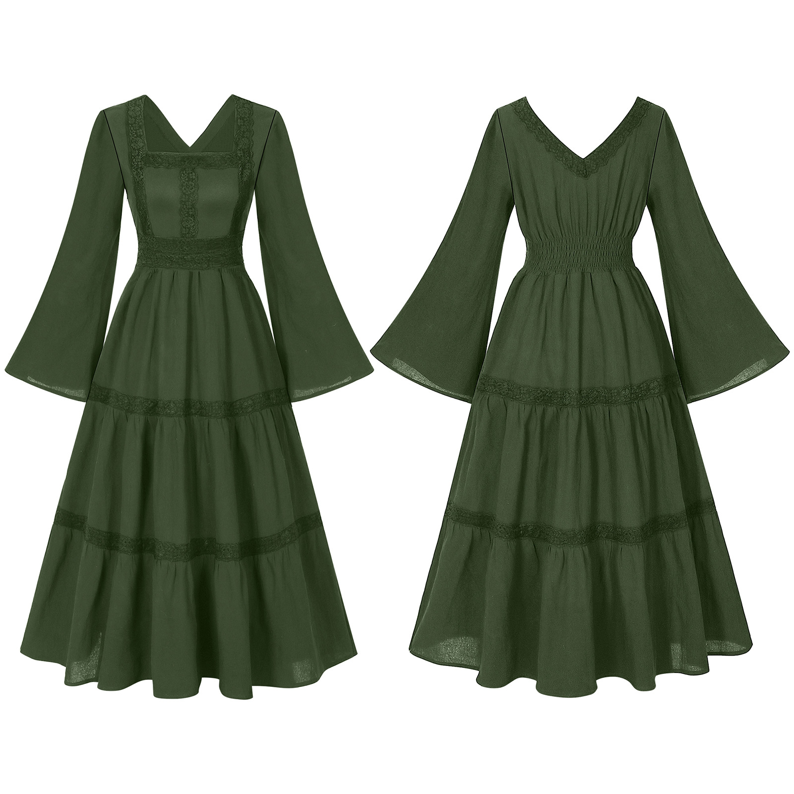 Glockenärmel-Spitzenkleid – Square-Neck Ballkleid für Renaissance, DAMEN