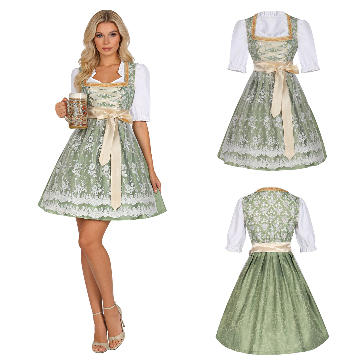 München Jacquard-Dirndl – edles Bierfest Trachtenkleid mit Spitze, DAMEN