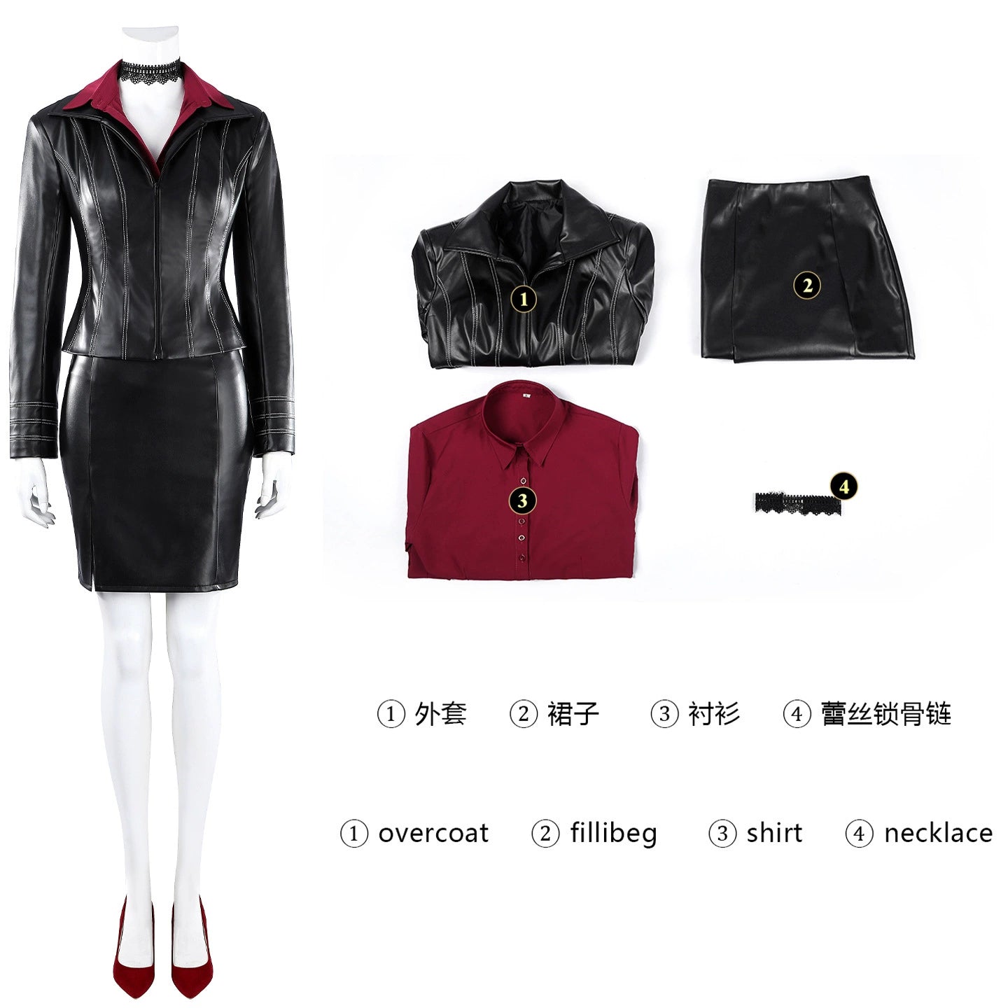 Ada Wong Resident Evil Schwarzes Lederjacken-Set Cosplay Kostuem Damen