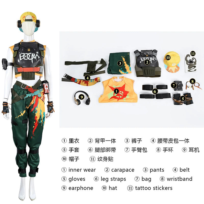 Raze Valorant Anzug Cosplay Kostuem Damen Gruen Gelb