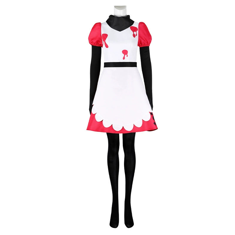 Niffty Hazbin Hotel Dienstmädchen-Kleid Cosplay Kostuem Damen Weiss Rot