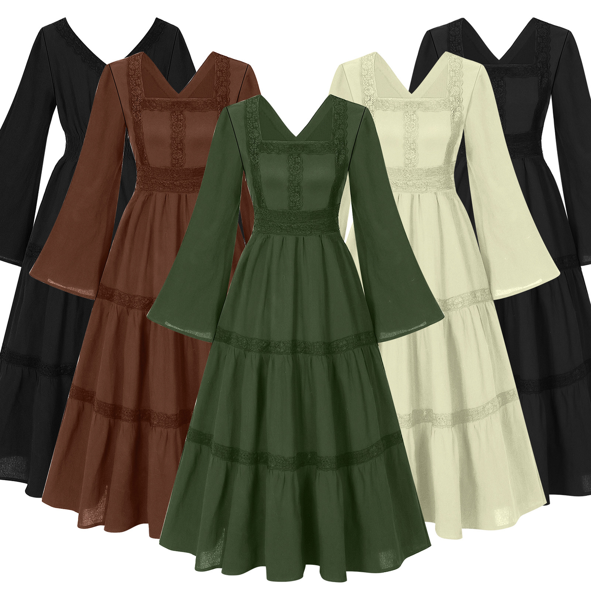 Glockenärmel-Spitzenkleid – Square-Neck Ballkleid für Renaissance, DAMEN