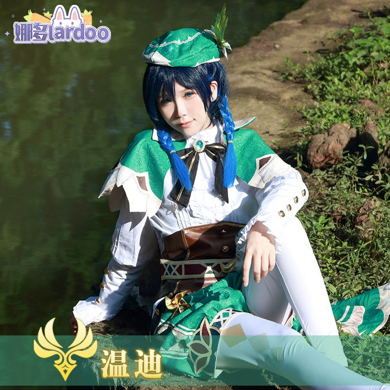 Venti Genshin Impact Bard-Outfit Cosplay Kostuem Damen Grün