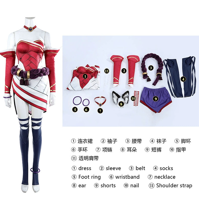 Ahri 2XKO Anzug Cosplay Kostuem Damen Weiss Rot